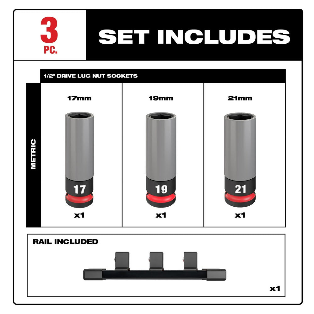 Milwaukee 49-66-7830 SHOCKWAVE Impact Duty 1/2 Drive Metric 3PC Lug Nut Wheel Socket Set - 4