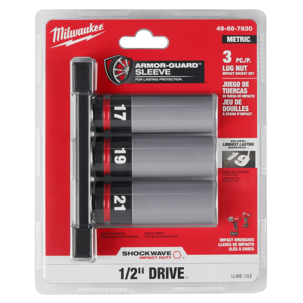 Milwaukee 49-66-7830 SHOCKWAVE Impact Duty 1/2 Drive Metric 3PC Lug Nut Wheel Socket Set - 12