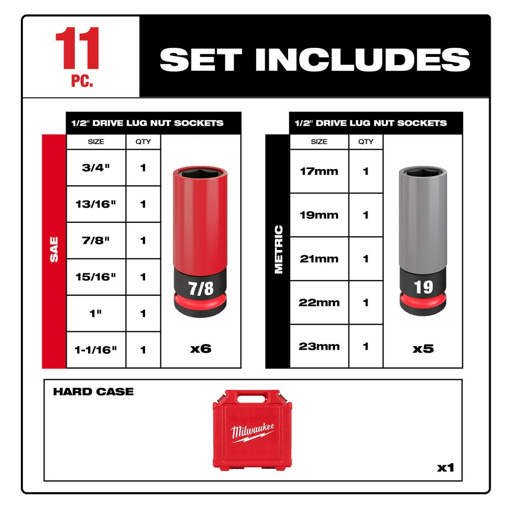 Milwaukee 49-66-7833 SHOCKWAVE Impact Duty 1/2 Drive SAE & Metric 11PC Lug Nut Wheel Socket Set - 4