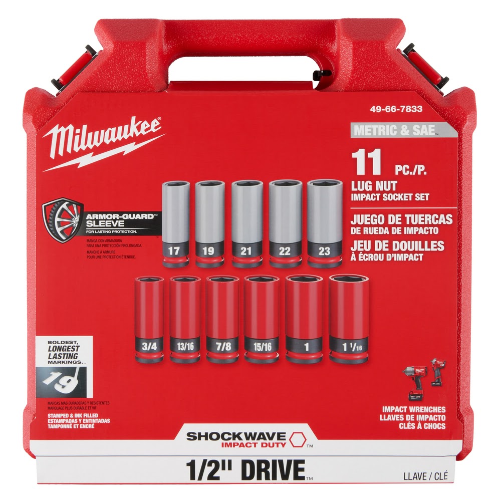 Milwaukee 49-66-7833 SHOCKWAVE Impact Duty 1/2 Drive SAE & Metric 11PC Lug Nut Wheel Socket Set - 12