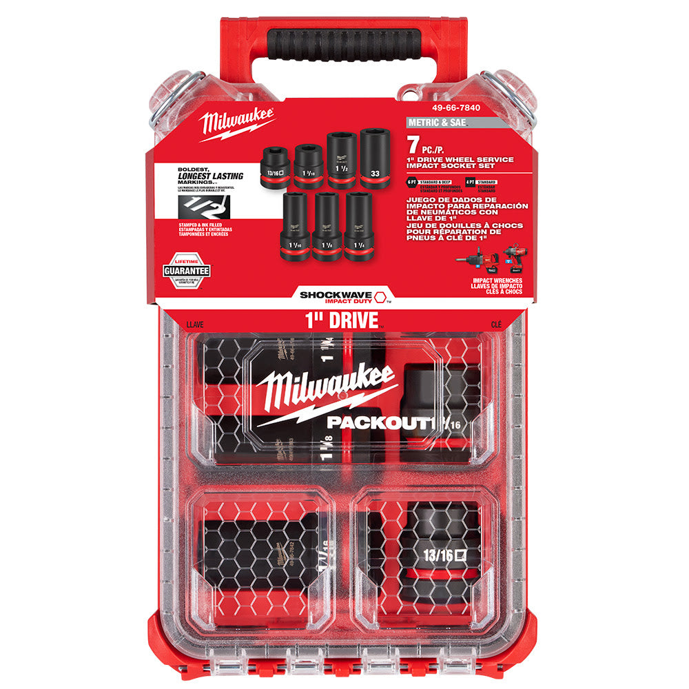 Milwaukee 49-66-7840 SHOCKWAVE Impact Duty 1” Drive 7PC MM & SAE Wheel Service Socket PACKOUT Set - 2