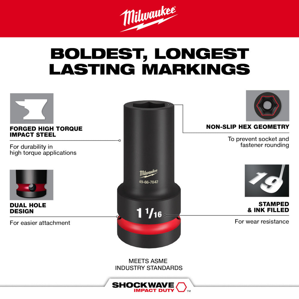 Milwaukee 49-66-7842 SHOCKWAVE Impact Duty 1" Drive 1-1/16" Thin Wall Extra Deep 6 Point Socket - 2