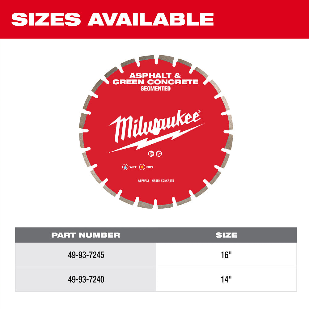 Milwaukee 49-93-7245 16" Asphalt & Green Concrete Segmented Diamond Blade - 6