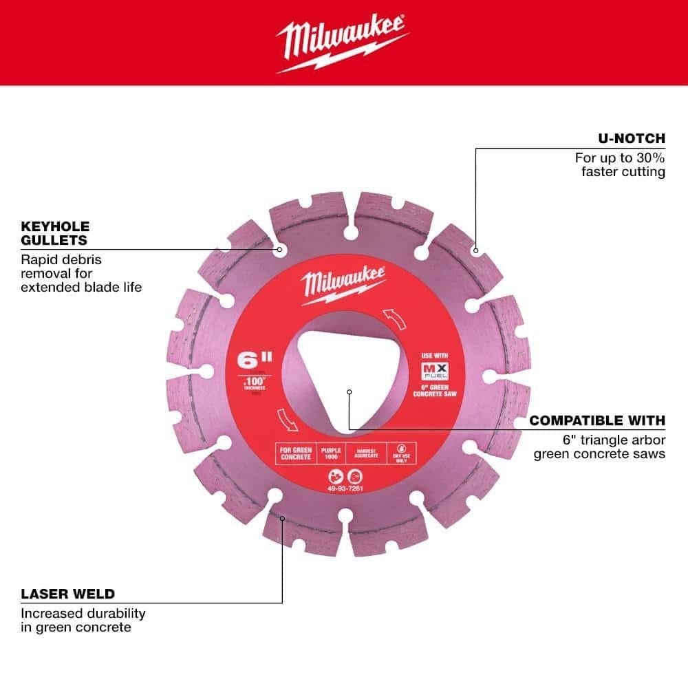 Milwaukee 49-93-7261 Diamond Blade for Green Concrete, 6 in. x .100 in., Triangular Arbor (1 Pack) - 3