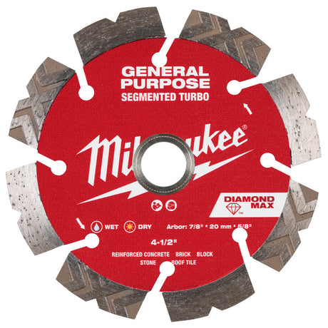 Milwaukee 49-93-9004 4-1/2" DIAMOND MAX Segmented Turbo, General Purpose Diamond Blade