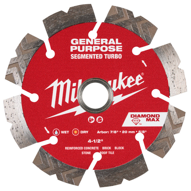 Milwaukee 49-93-9004 4-1/2" DIAMOND MAX Segmented Turbo, General Purpose Diamond Blade