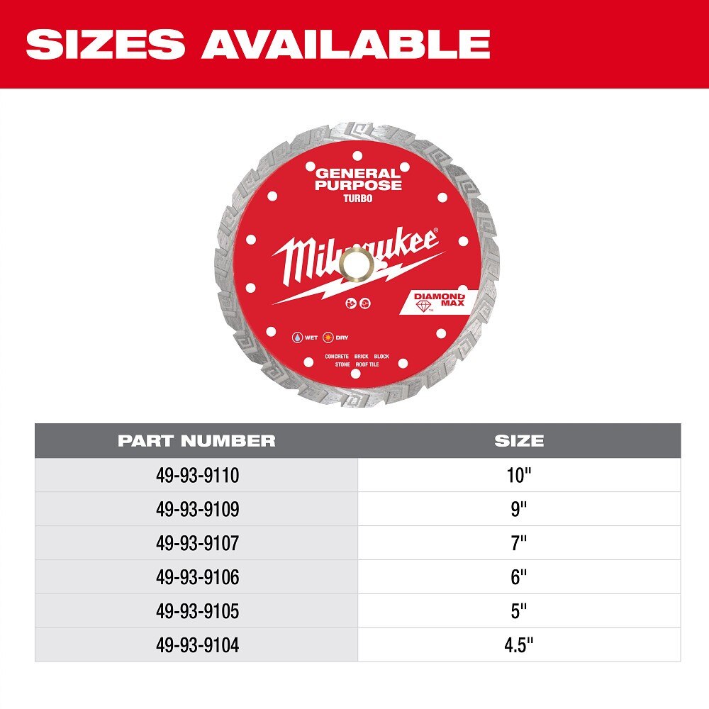 Milwaukee 49-93-9109 9" DIAMOND MAX Turbo, General Purpose Diamond Blade - 7