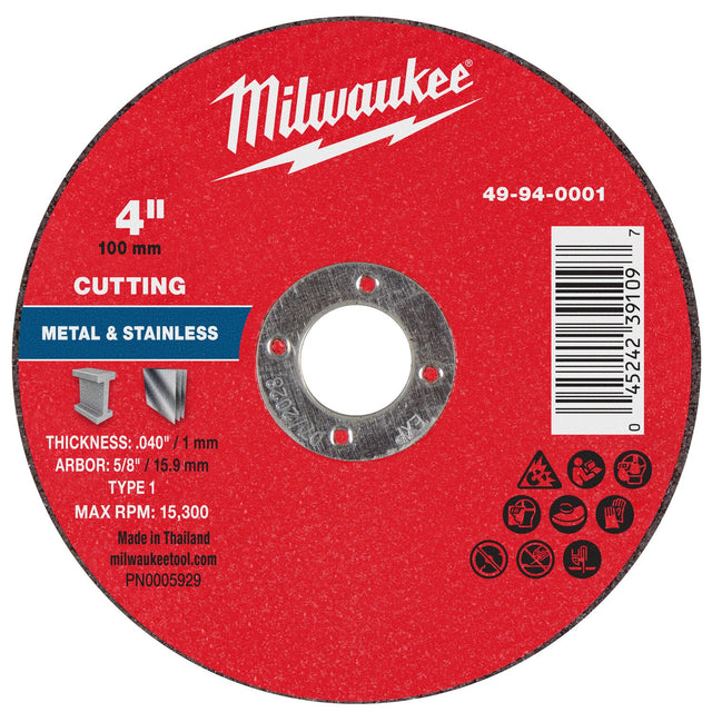 Milwaukee 49-94-0001 4 in. x 0.040 in. x 5/8 in. Type 1 Metal Cut Off Wheel