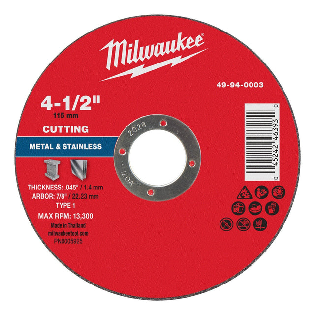 Milwaukee 49-94-0003 4-1/2 in. x 0.045 in. x 7/8 in. Type 1 Metal Cut Off Wheel (25 Pack)