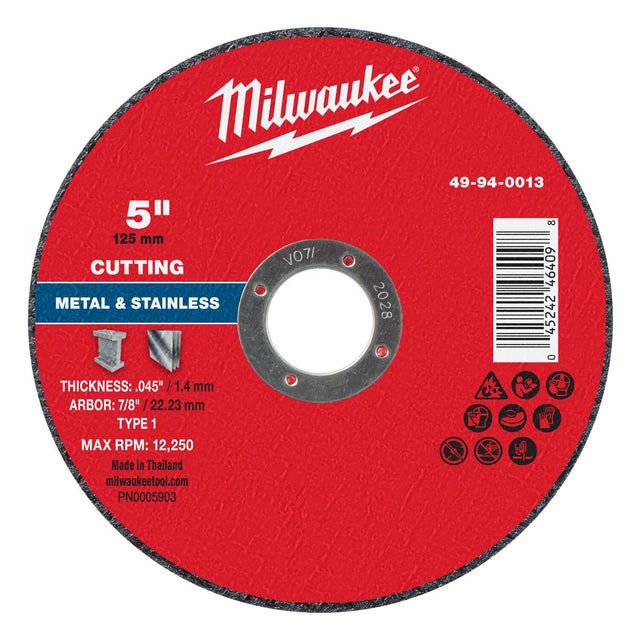Milwaukee 49-94-0013 5 in x 0.045 in x 7 8 in Type 1 Metal Cut Off Wheel for Metal and Stainless Steel (1 Each)