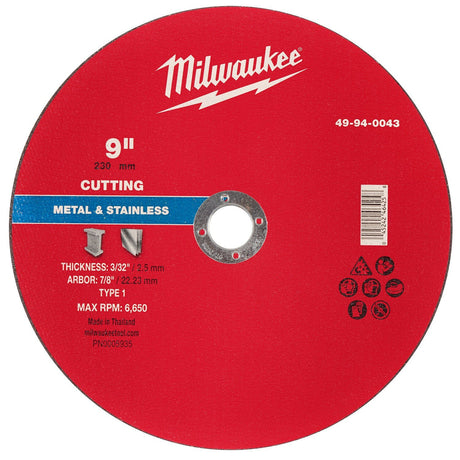 Milwaukee 49-94-0043 9 in. x 3/32 in. x 7/8 in. Type 1 Metal Cut-Off Wheel for Metal and Stainless Steel