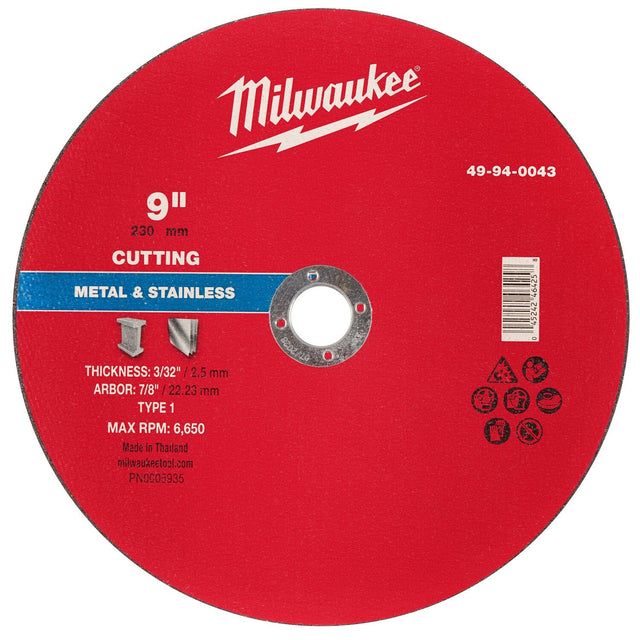 Milwaukee 49-94-0043 9 in. x 3/32 in. x 7/8 in. Type 1 Metal Cut-Off Wheel for Metal and Stainless Steel