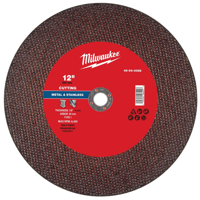 Milwaukee 49-94-0058 12 in. Type 1 Metal Cut Off Wheel 1/8 in. Thick 20 mm Arbor