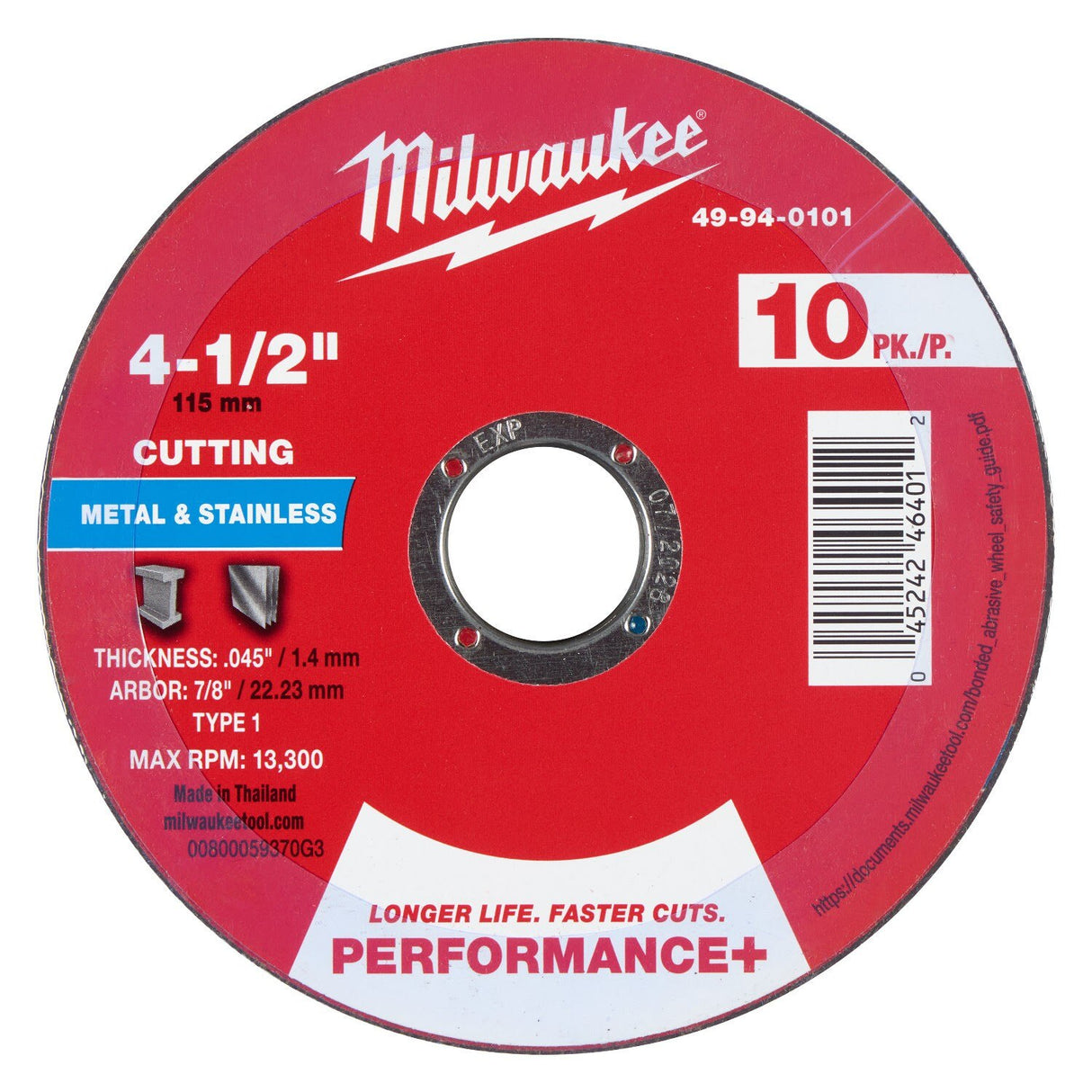 Milwaukee 49-94-0101 4-1/2 in. x 0.045 in. x 7/8 in. Performance Plus Metal Cut Off Wheel Type 1 (10 Pack)