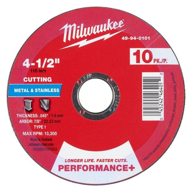 Milwaukee 49-94-0101 4-1/2 in. x 0.045 in. x 7/8 in. Performance Plus Metal Cut Off Wheel Type 1 (10 Pack)