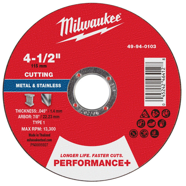 Milwaukee 49-94-0103 4-1/2 in. x 0.045 in. x 7/8 in. Performance+ Metal Cut Off Wheel Type 1 (25 Pack)