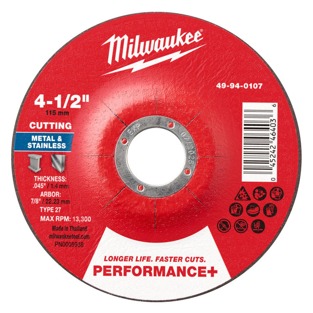 Milwaukee 49-94-0107 4-1/2 in. x 0.045 in. x 7/8 in. Performance+ Metal Cut Off Wheel Type 27