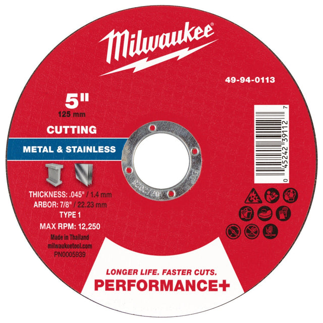 Milwaukee 49-94-0113 Performance Plus Metal Cut-Off Wheel Type 1 5 in x 0.045 in x 7/8 in Arbor (25 Pack)