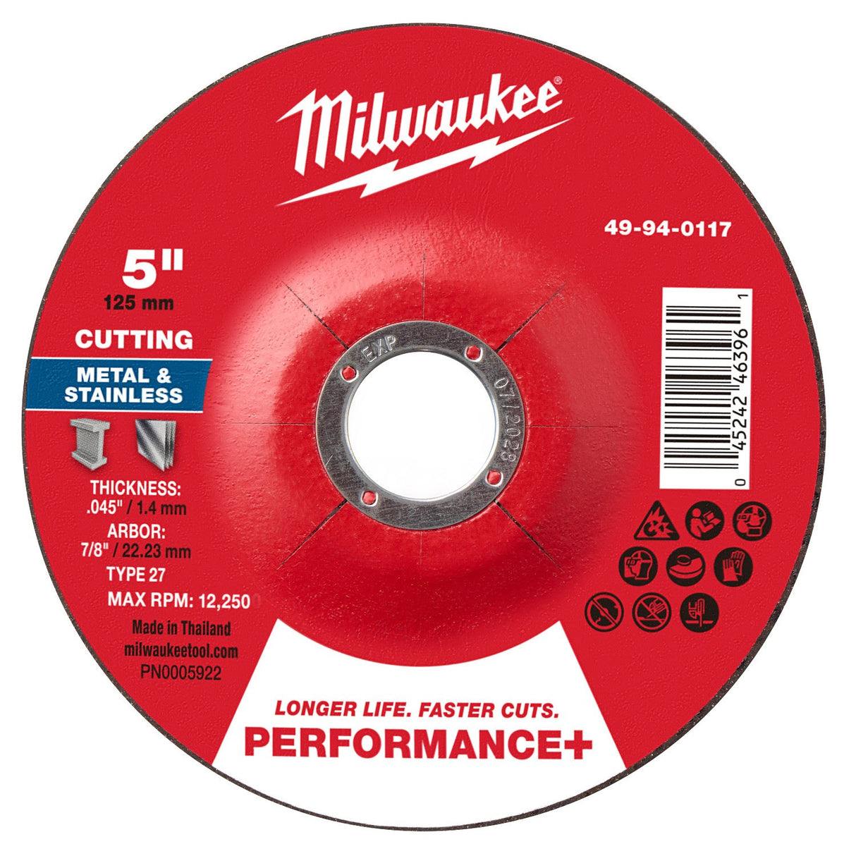 Milwaukee 49-94-0117 5 in. x 0.045 in. x 7/8 in. Performance+ Metal Cut-Off Wheel Type 27
