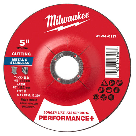 Milwaukee 49-94-0117 5 in. x 0.045 in. x 7/8 in. Performance+ Metal Cut-Off Wheel Type 27
