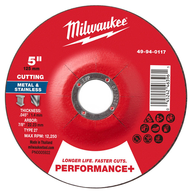Milwaukee 49-94-0117 5 in. x 0.045 in. x 7/8 in. Performance+ Metal Cut-Off Wheel Type 27