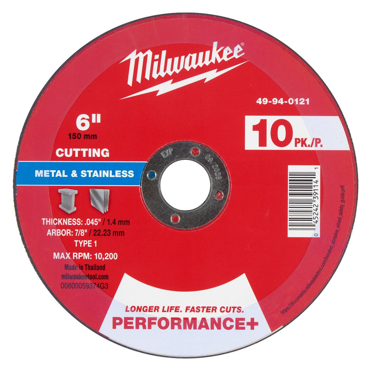 Milwaukee 49-94-0121 6 in. x 0.045 in. x 7/8 in. Performance+ Metal Cut Off Wheel Type 1 (10 Pack)
