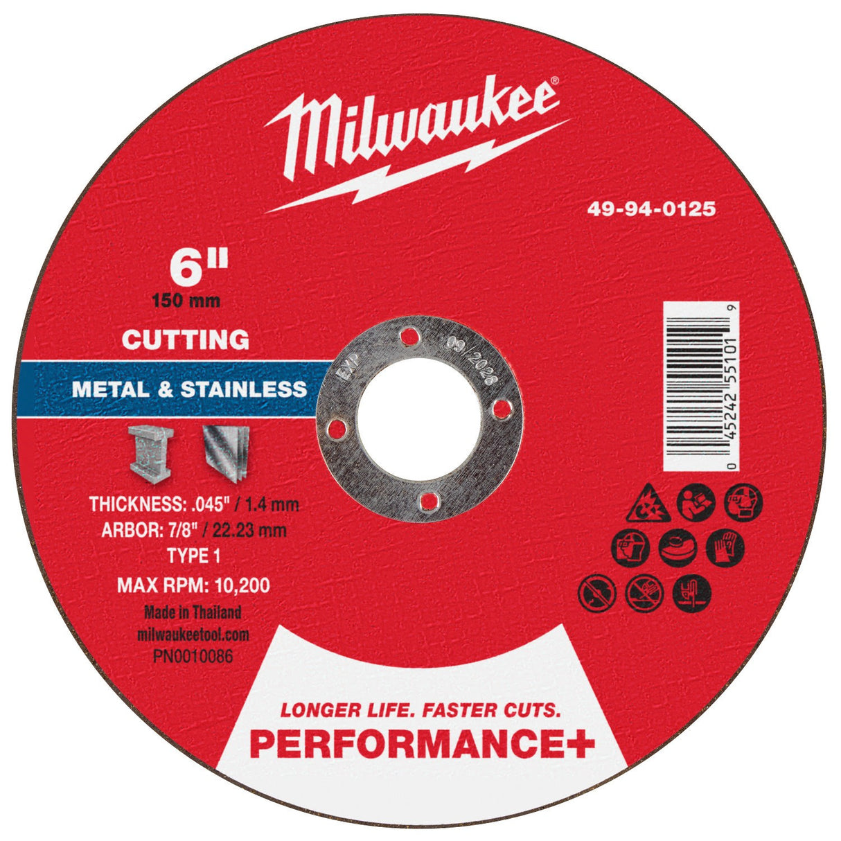 Milwaukee 49-94-0125 6 in. x 0.045 in. x 7/8 in. Performance Plus Metal Cut Off Wheel Type 1 (1 Each)
