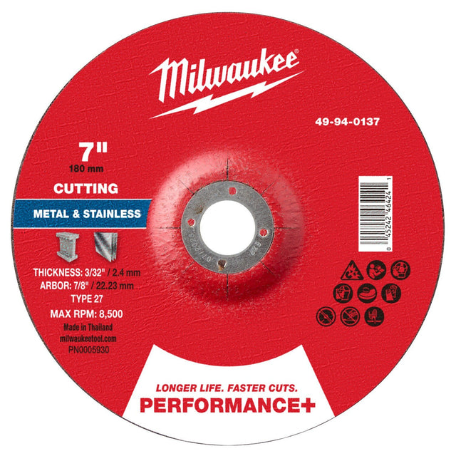 Milwaukee 49-94-0137 7 in. x 3/32 in. x 7/8 in. Performance Plus Metal Cut Off Wheel Type 27