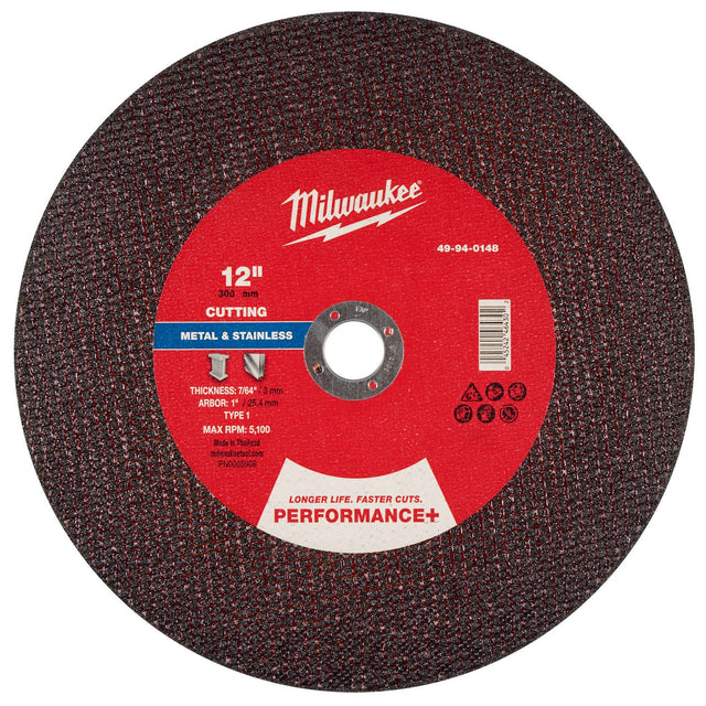 Milwaukee 49-94-0148 Performance Plus 12 in. x 7/64 in. x 1 in. Metal Cut Off Wheel Type 1 (10 Pack)