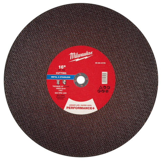 Milwaukee 49-94-0178 16 in x 1/8 in x 20 mm Performance Plus Metal Cut Off Wheel Type 1