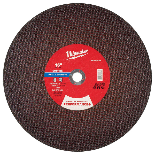 Milwaukee 49-94-0183 16 in. x 1/8 in. x 1 in. Performance+ Type 1 Metal Cut Off Wheel for Handheld Cut Off Saws (10 Pack)