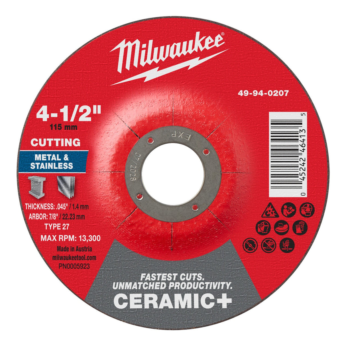 Milwaukee 49-94-0207 4-1/2 in. x 0.045 in. x 7/8 in. Ceramic+ Metal Cut-Off Wheel Type 27 for Angle Grinders