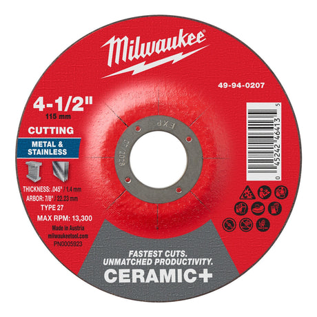 Milwaukee 49-94-0207 4-1/2 in. x 0.045 in. x 7/8 in. Ceramic+ Metal Cut-Off Wheel Type 27 for Angle Grinders