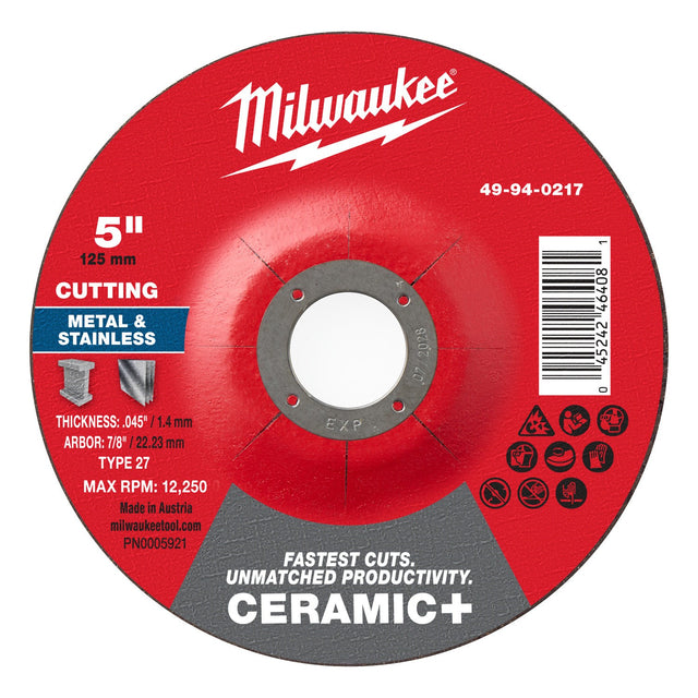 Milwaukee 49-94-0217 5 in x 0.045 in x 7/8 in Ceramic Plus Metal Cut Off Wheel Type 27