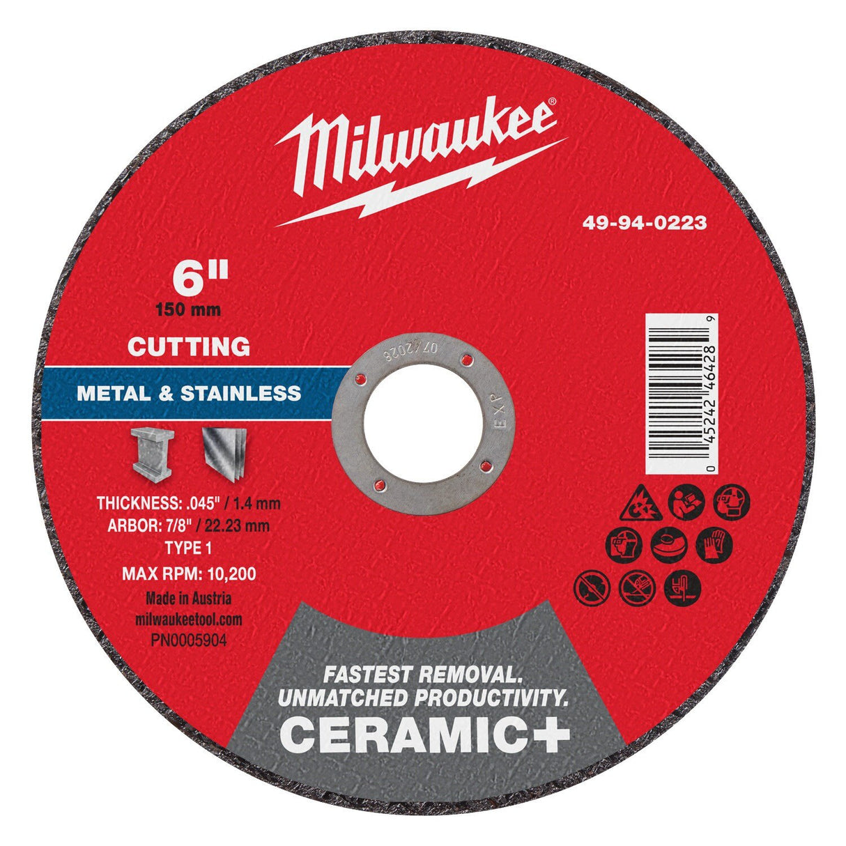 Milwaukee 49-94-0223 6 in. x 0.045 in. x 7/8 in. Ceramic+ Metal Cut Off Wheel Type 1 (1 Pack)