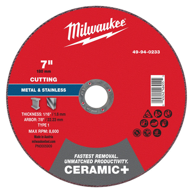 Milwaukee 49-94-0233 7 in x 1-16 in x 7-8 in Ceramic Plus Metal Cut Off Wheel Type 1