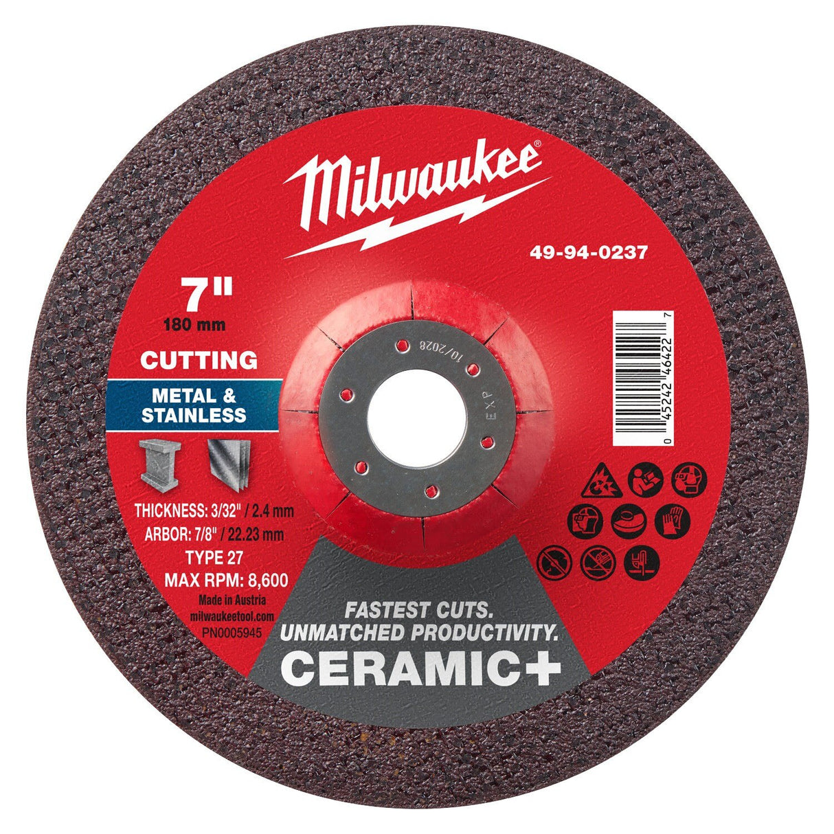 Milwaukee 49-94-0237 7 in. x 3/32 in. x 7/8 in. Ceramic Plus Metal Cut-Off Wheel Type 27