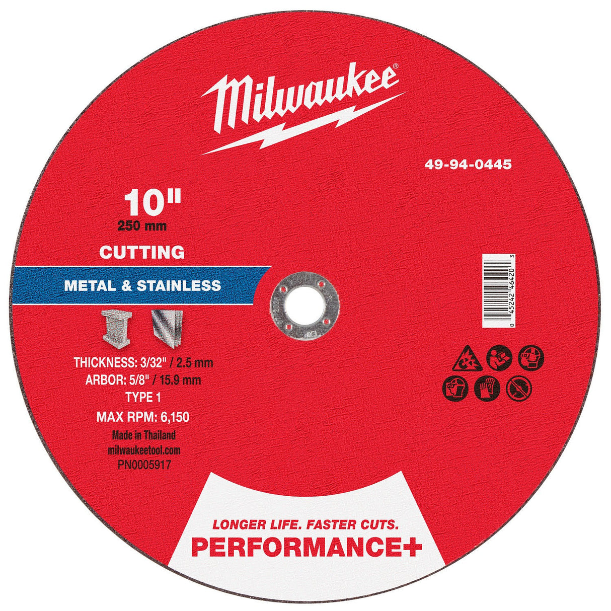 Milwaukee 49-94-0445 10 in. x 3/32 in. x 5/8 in. Performance+ Metal Cut Off Wheel Type 1