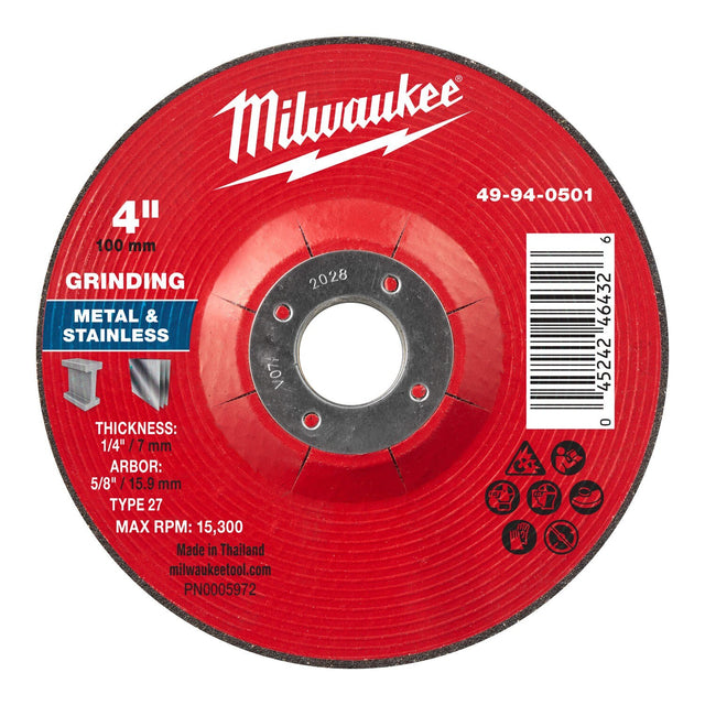Milwaukee 49-94-0501 4 in x 1/4 in x 5/8 in Type 27 Metal Grinding Wheel (10 Pack)