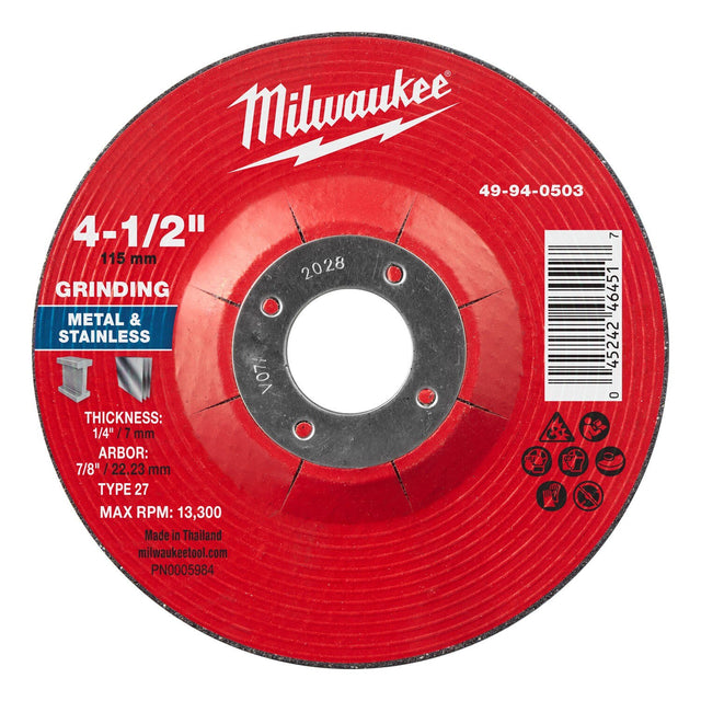 Milwaukee 49-94-0503 4-1/2 in. x 1/4 in. x 7/8 in. Type 27 Metal Grinding Wheel