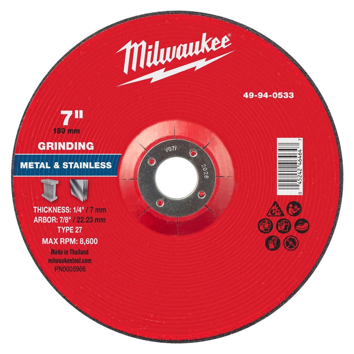 Milwaukee 49-94-0533 7 in. x 1/4 in. x 7/8 in. Type 27 Metal Grinding Wheel for Angle Grinders