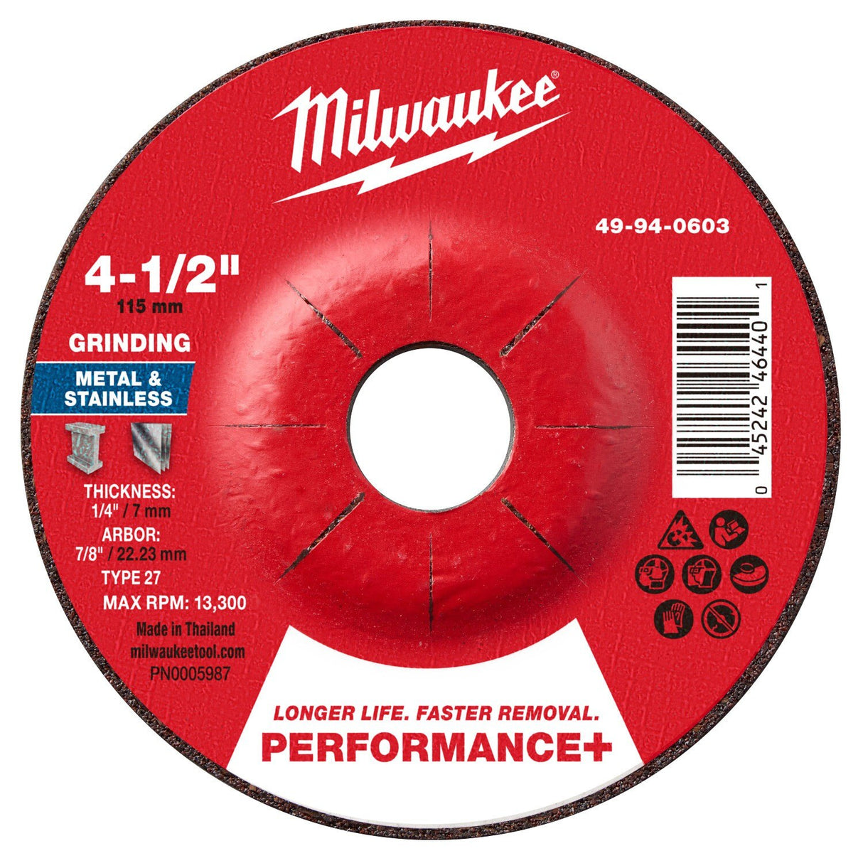 Milwaukee 49-94-0603 4-1/2 in. x 1/4 in. x 7/8 in. Performance Plus Metal Grinding Wheel Type 27