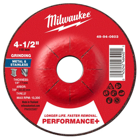 Milwaukee 49-94-0603 4-1/2 in. x 1/4 in. x 7/8 in. Performance Plus Metal Grinding Wheel Type 27