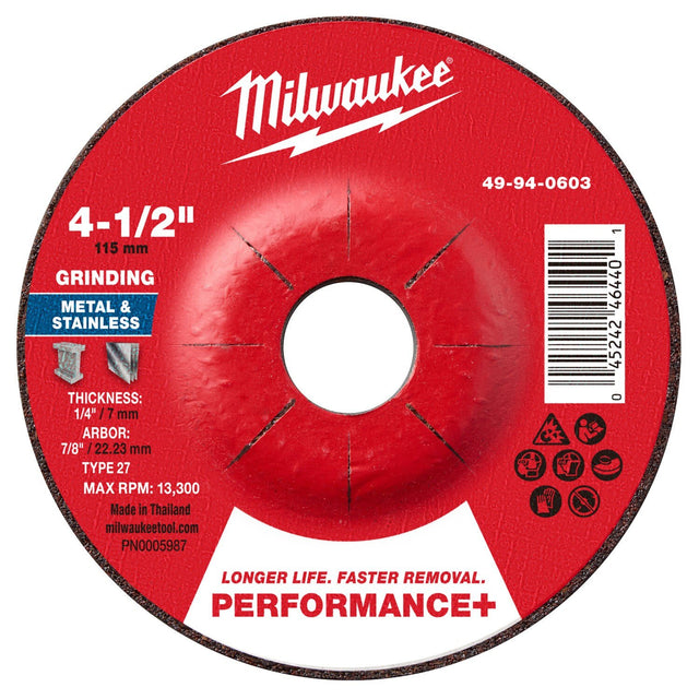 Milwaukee 49-94-0603 4-1/2 in. x 1/4 in. x 7/8 in. Performance Plus Metal Grinding Wheel Type 27