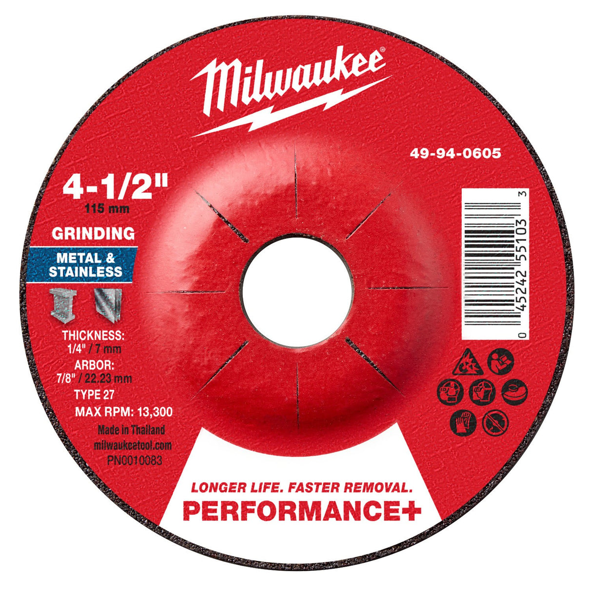 Milwaukee 49-94-0605 4-1/2 in. x 1/4 in. x 7/8 in. Performance+ Metal Grinding Wheel Type 27 (1 Each)