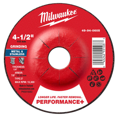 Milwaukee 49-94-0605 4-1/2 in. x 1/4 in. x 7/8 in. Performance+ Metal Grinding Wheel Type 27 (1 Each)