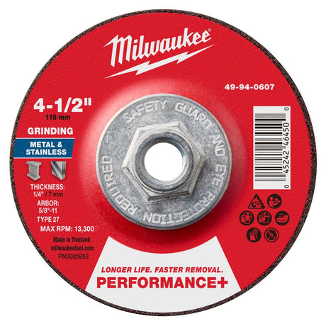 Milwaukee 49-94-0607 4-1/2 in. x 1/4 in. x 5/8-11 Type 27 Performance Plus Metal Grinding Wheel