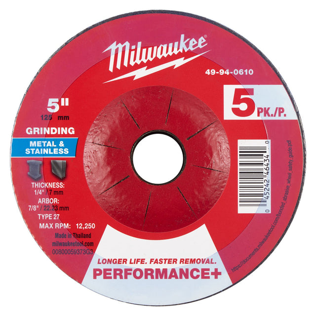 Milwaukee 49-94-0610 5 in. x 1/4 in. x 7/8 in. Performance Plus Type 27 Metal Grinding Wheel for Angle Grinders (5 Pack)