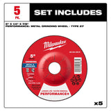 Milwaukee 49-94-0610 5 in. x 1/4 in. x 7/8 in. Performance Plus Type 27 Metal Grinding Wheel for Angle Grinders (5 Pack) - 8