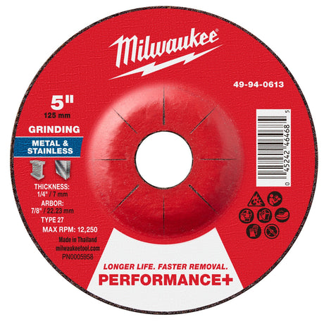 Milwaukee 49-94-0613 5 in x 1/4 in x 7/8 in Performance Plus Metal Grinding Wheel Type 27
